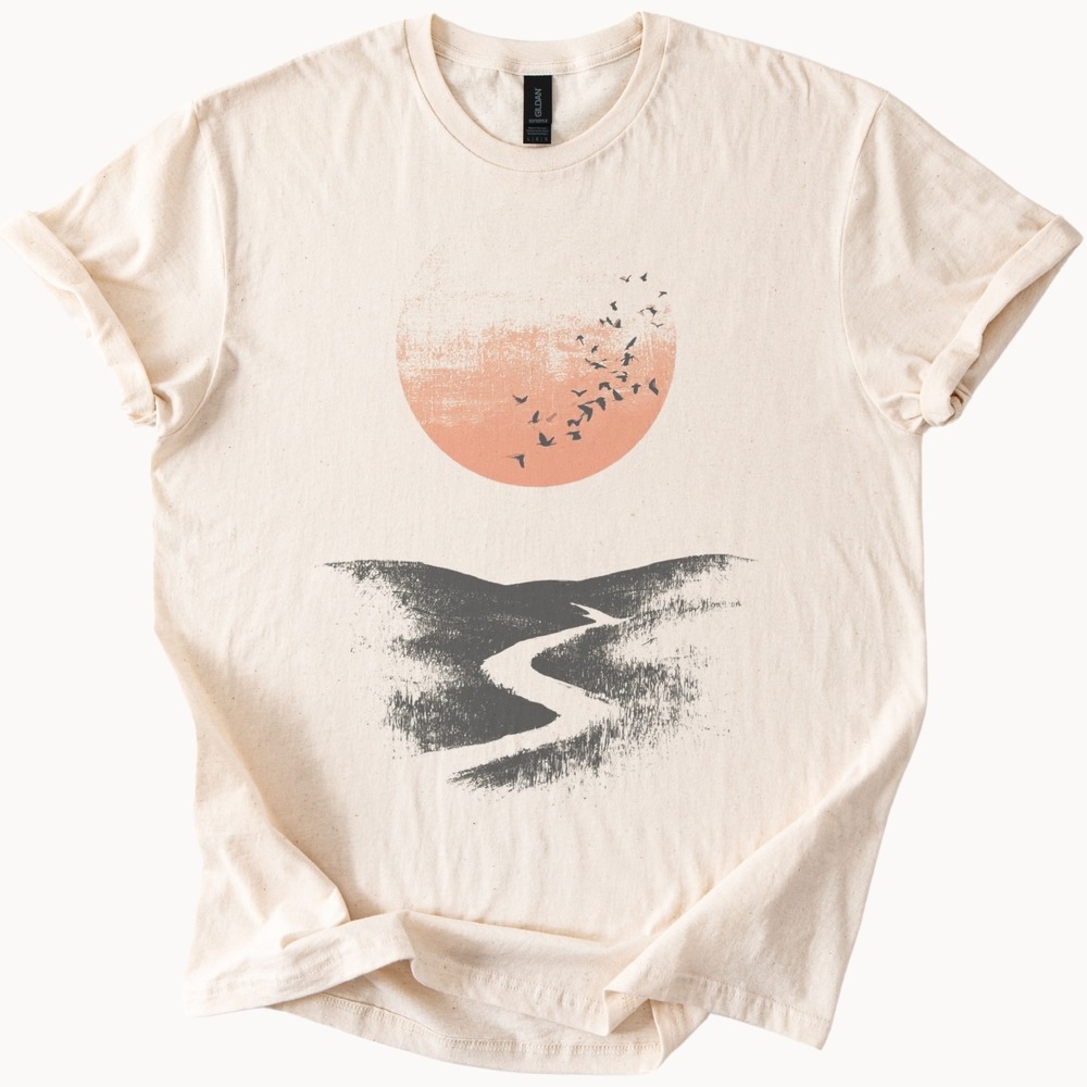 Minimalist River Landscape Graphic Tee with Flying Birds and Sun